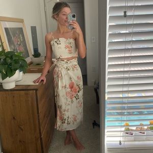 white and pink floral two piece skirt and top set